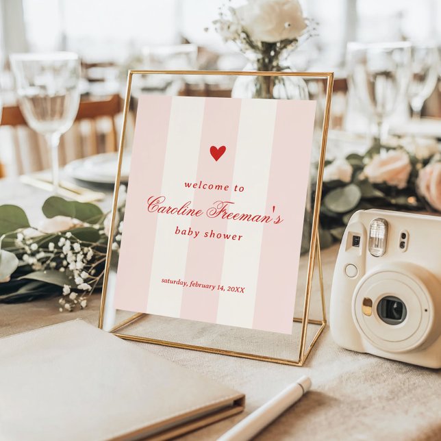 Modern Pink Stripe Heart Valentine Table Welcome Poster (Von Creator hochgeladen)