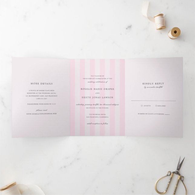 Modern Pink Stripes Elegant Wedding Dreifach Gefaltete Einladung (Innenseite)