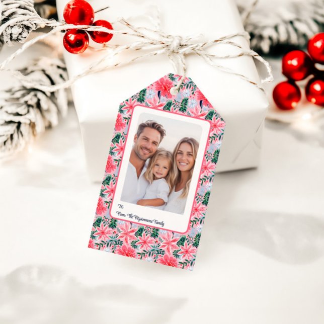 Modern Pink Tropical Christmas Flowers Photo Geschenkanhänger (Pink Tropical Floral Christmas Gift Tag)