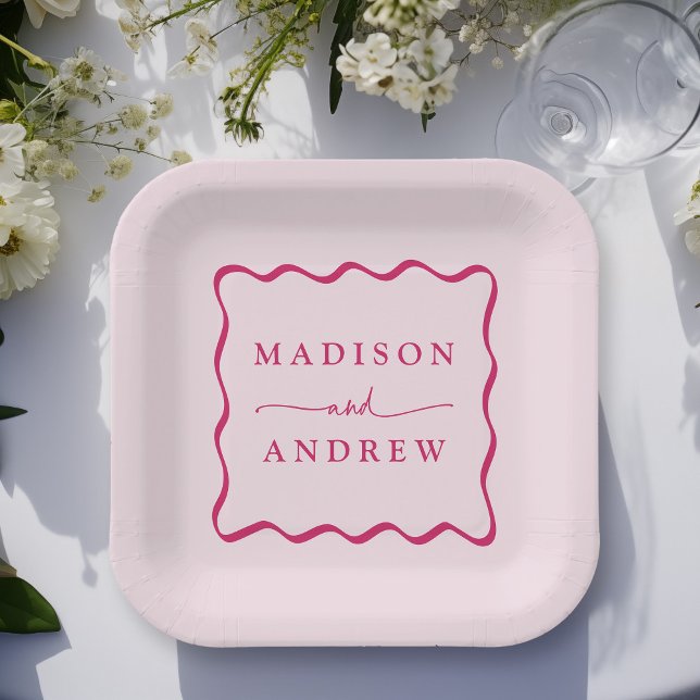 Modern Pink Wavy Frame Wedding Pappteller (Von Creator hochgeladen)