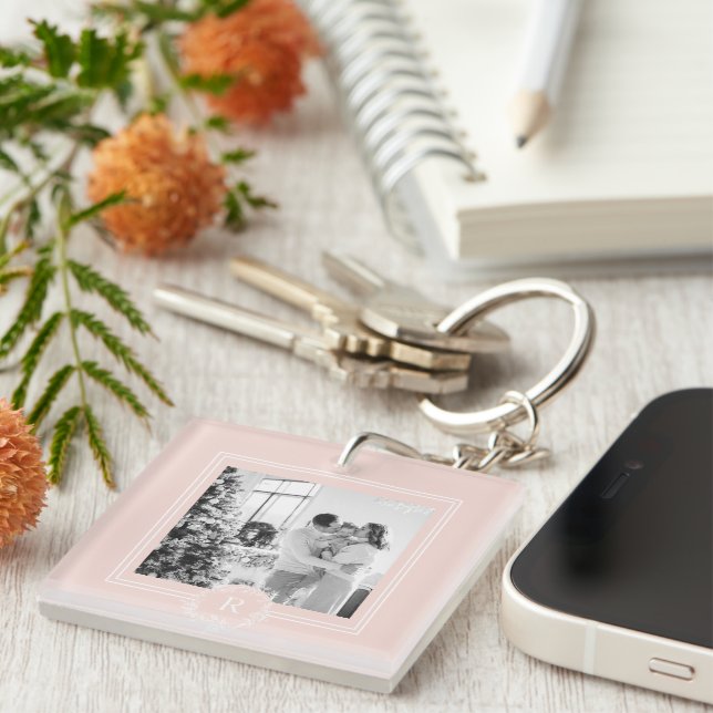 Modern Pink & White Family Foto | Schlüsselanhänger (Vorderseite rechts)