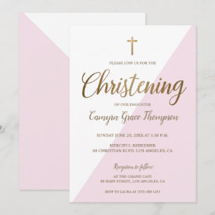 Modern Pink White Gold Christening Baby Girl Einladung
