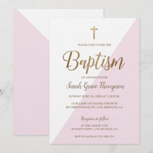 Modern Pink White Gold Cross Baby Girl Taufe Einladung