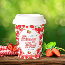 Modern Pink White Strawberry Birthday Berry First Pappbecher