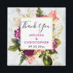 Modern Pink & White Watercolor Floral Wedding Magnet<br><div class="desc">Wir bedanken uns für den Magneten mit hübschem Aquarelldesign. Eine Blumenstruktur mit vielen verschiedenen Blume in Rot-,  Rosa- und Weißtönen und viel grünem Blattwerk. Ein überlagerter Rahmen mit einem Imitat-vergoldeten Rahmen. Elegantes Design. Hintergrund aus weißem Marmor.</div>