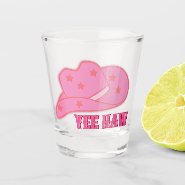 Modern Pink Yee Haw Cowgirl Cowboy Hat Rodeo Schnapsglas (Vorderseite)