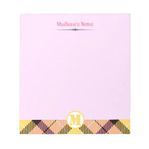 Modern Pink Yellow Tartan Monogram Script Name Notizblock