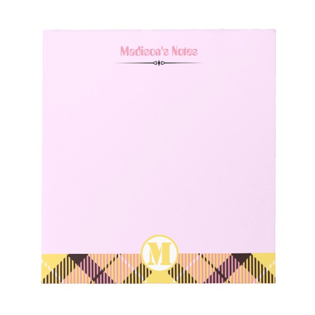 Modern Pink Yellow Tartan Monogram Script Name Notizblock (Vorderseite)