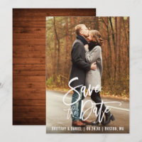 Modern Pinsel Script Foto Save the Date Card Wood