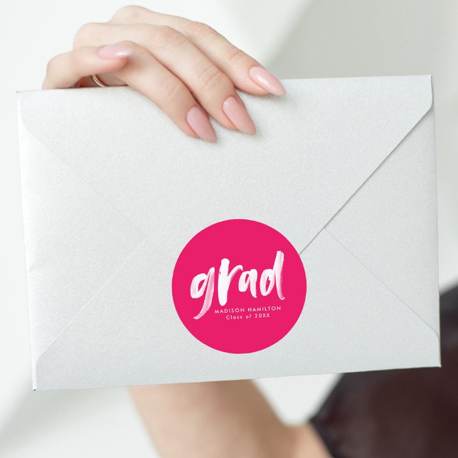 Modern Pinselschrift Hot Pink Abschluss Runder Aufkleber (Von Creator hochgeladen)