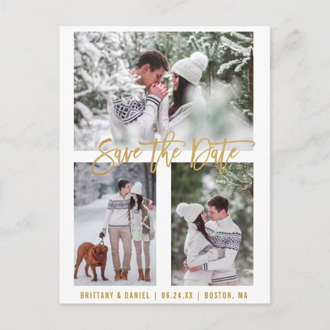 Modern Pinselschrift Save the Date 3 Foto Gold Postkarte (Vorderseite)
