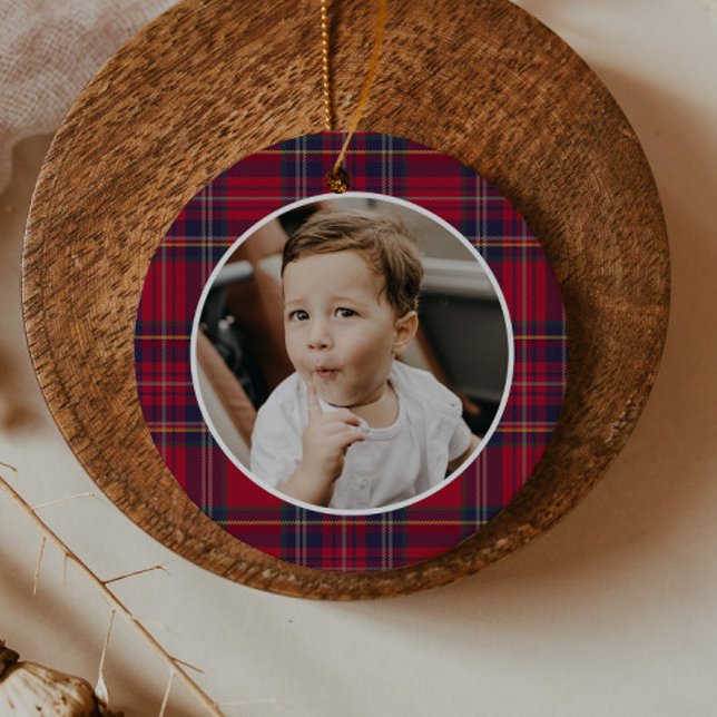 Modern Plaid Christmas Photo Keramik Ornament (Red plaid photo Christmas tree ornaments.)
