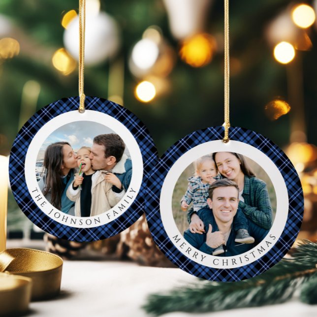 Modern Plaid Photo Christmas Keramik Ornament (Modern Plaid Photo Christmas Ceramic Ornament)