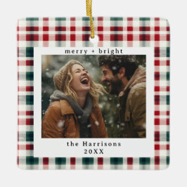 Modern Plaid Rustic Monogram Photo Christmas Keramikornament