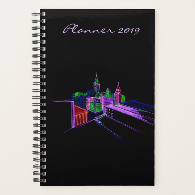 Modern Planner 2019 Black Vibrant City Art (Devant)