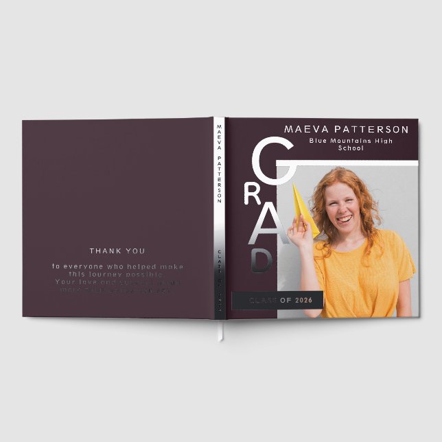 Modern Plum Graduation Photo Silver Gästebuch (Voll)