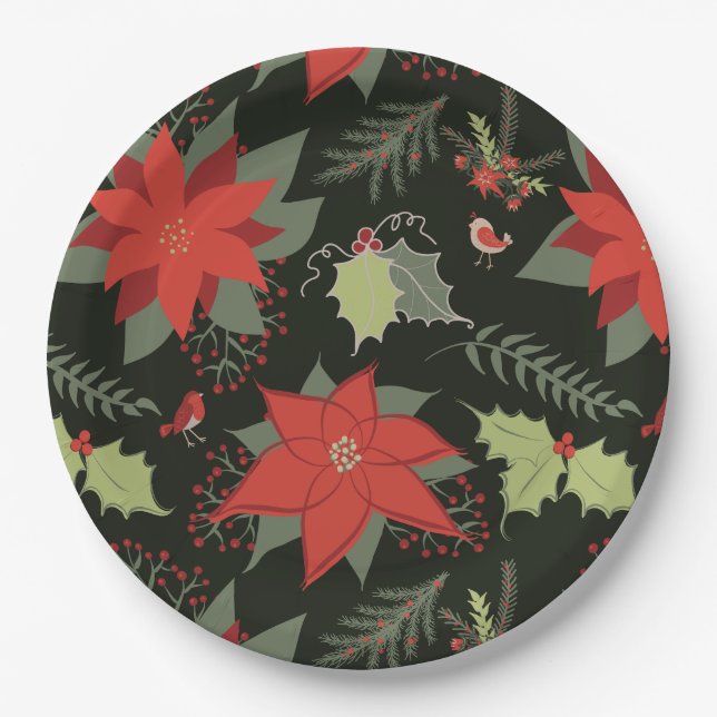 Modern Poinsettia Holly Christmas Pappteller (Vorderseite)