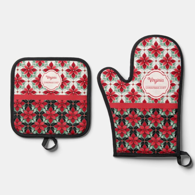Modern Poinsettia pattern christmas chef Ofenhandschuh & Topflappen-Set (Vorderseite)