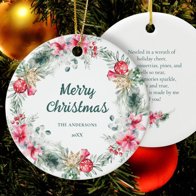 Modern Poinsettia Red Green Kranz Weihnachtsgedich Keramik Ornament (Von Creator hochgeladen)