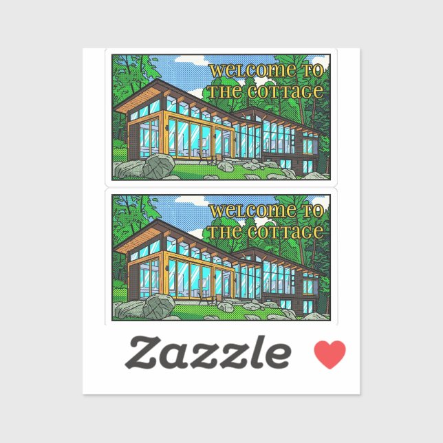 Modern Pop Art Forest Cabin Mid-Century Comic Aufkleber (Blatt)