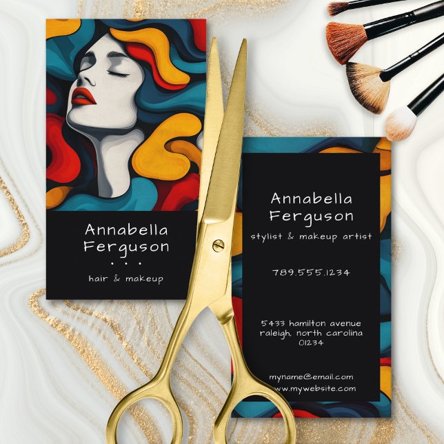 Modern Pop Art Retro Colorful Hair Makeup Visitenkarte (Modern Pop Art Retro Colorful Hair Makeup Business Card)