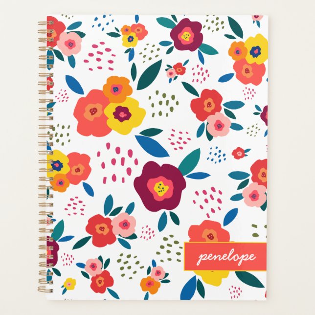 Modern Poppy Floral Muster Korallen Name Planer (Vorderseite)