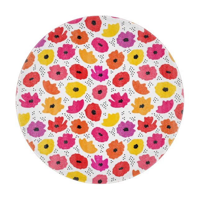 Modern Poppy Pink Red Orange Floral Dots Pattern  Schneidebrett (Vorderseite)