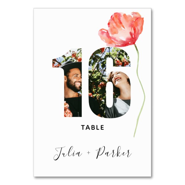 Modern Poppy Red Wedding Tischnummer 16 (Vorderseite)