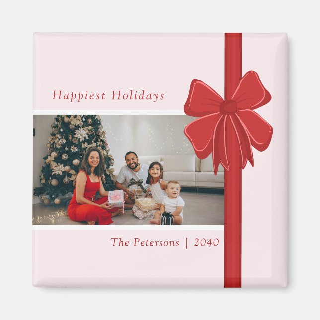 Modern Preppy Red Ribbon Bow Wrap Photo Christmas Magnet (Vorne)