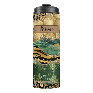 Modern Print Agate in Green und Gold Animal Thermosbecher