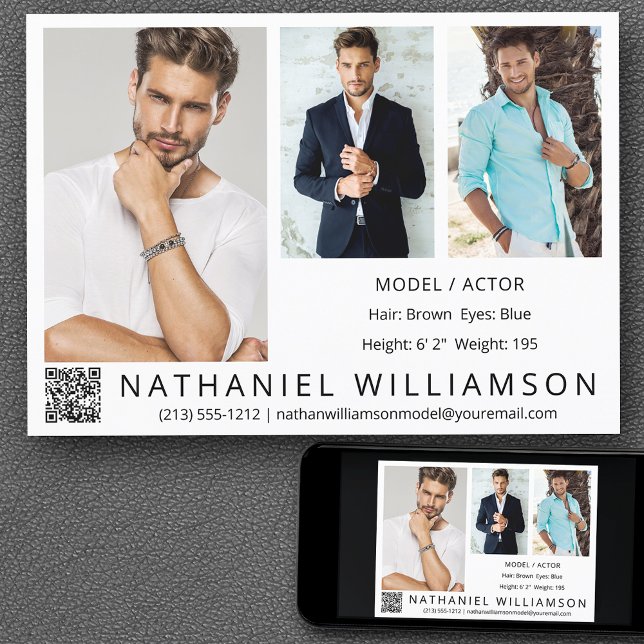Modern Pro Model Actor 3 Fotos QR Code Comp Card Einladung (Customize to change background color, text size, style or to add more photos to back of card.)