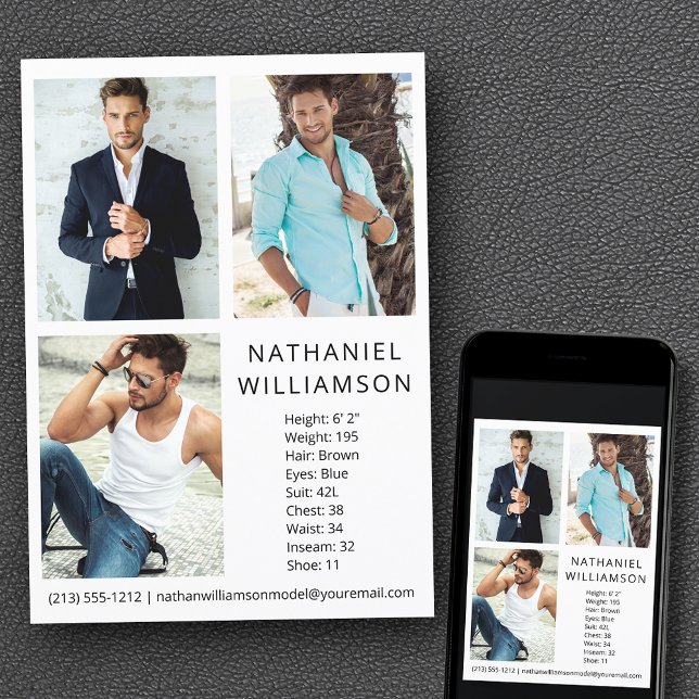 Modern Pro Model and Schauspieler 3 Fotos Comp Car Einladung (Customize to change background color, text size, style or to add more photos to back of card.)