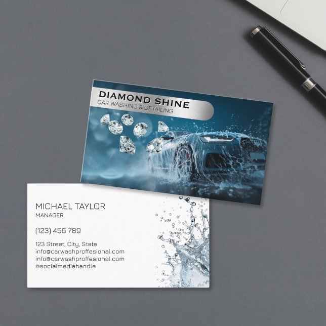 Modern Professional Car Detailing Washing Cleaning Visitenkarte (modern red sports car wash with diamonds, car detailing business card)