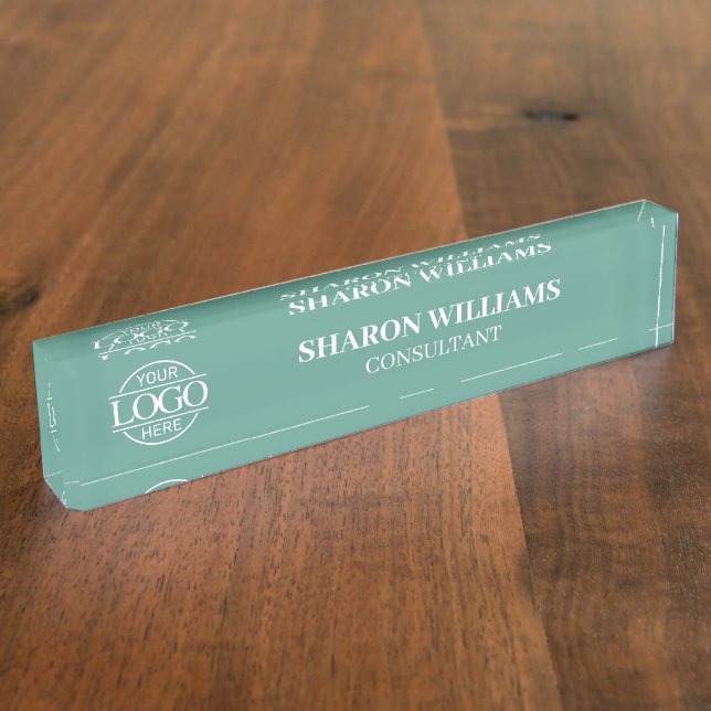 Modern Professional Teal Green Office Title Desk Namensplakette (Seite)