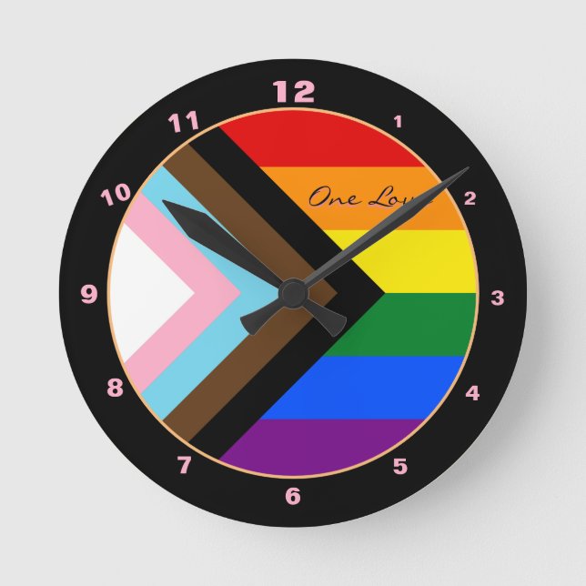 Modern Progress Rainbow Flag Design, Prix / LGBTQ Runde Wanduhr (Vorderseite)