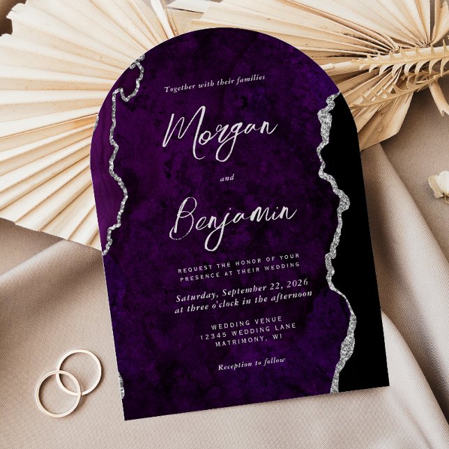 Modern Purple Agate Silver Script Arch Wedding Einladung (Von Creator hochgeladen)