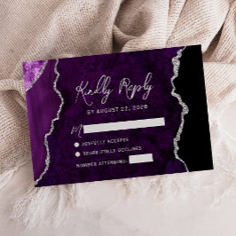 Modern Purple Agate Silver Script Wedding RSVP Karte