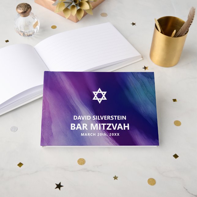 Modern Purple Blue Star David Bar Mitzvah Hebrew Gästebuch (Vorderseite Offen)