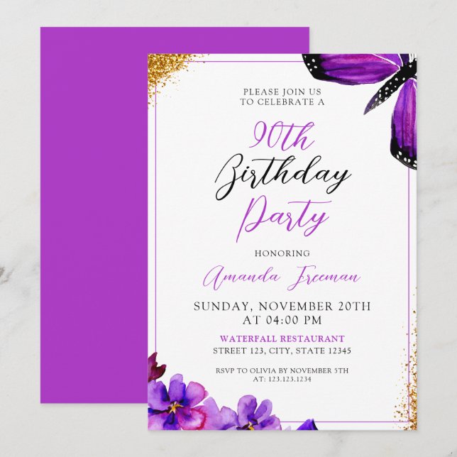 Modern Purple Blumen 90. Geburtstag Einladung (Vorne/Hinten)