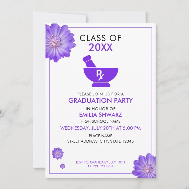 Modern Purple Floral Pharmacist Graduation Party Einladung (Vorderseite)