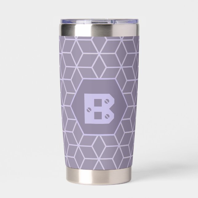 Modern Purple Geometric Cubes Pattern Monogram Thermobecher (Vorderseite)
