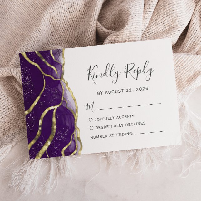 Modern Purple Gold Ink Wedding RSVP Karte (Von Creator hochgeladen)