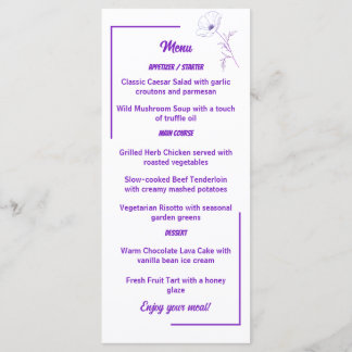 Modern Purple Line Art Floral Wedding Menu Card Menükarte
