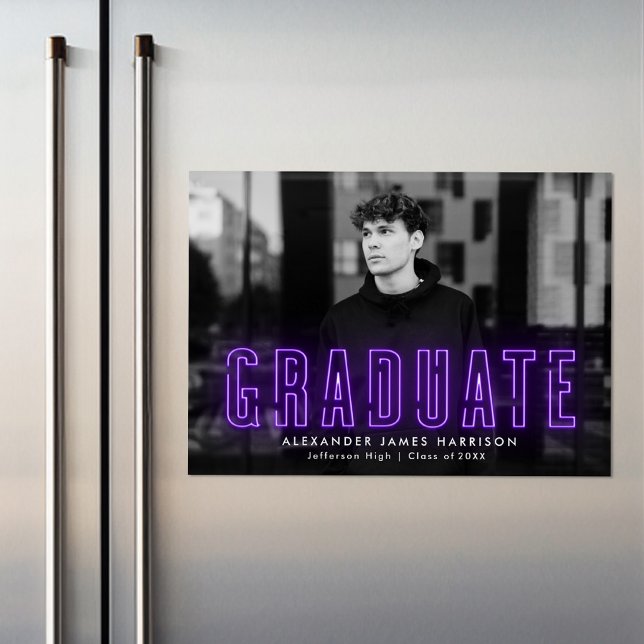 Modern Purple Neon Photo Graduation Announcement Magneteinladung (Von Creator hochgeladen)