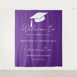 Modern Purple Script Twin Graduation Party Welcome Wandteppich