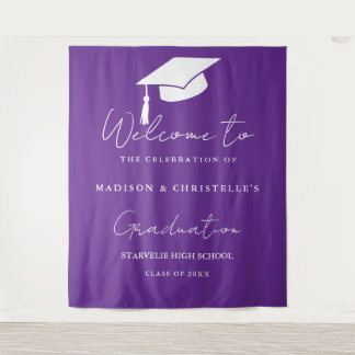Modern Purple Script Twin Graduation Party Welcome Wandteppich
