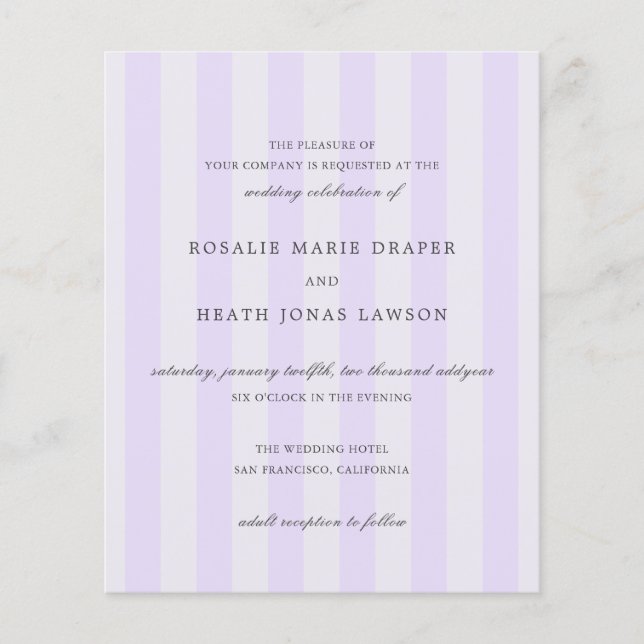 Modern Purple Stripes Budget Wedding Invite Flyer (Vorne)