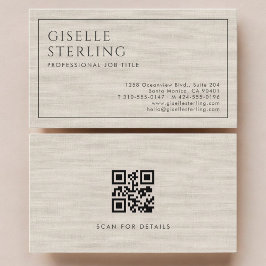 Modern QR Code Beige Linen Professional Luxury Visitenkarte