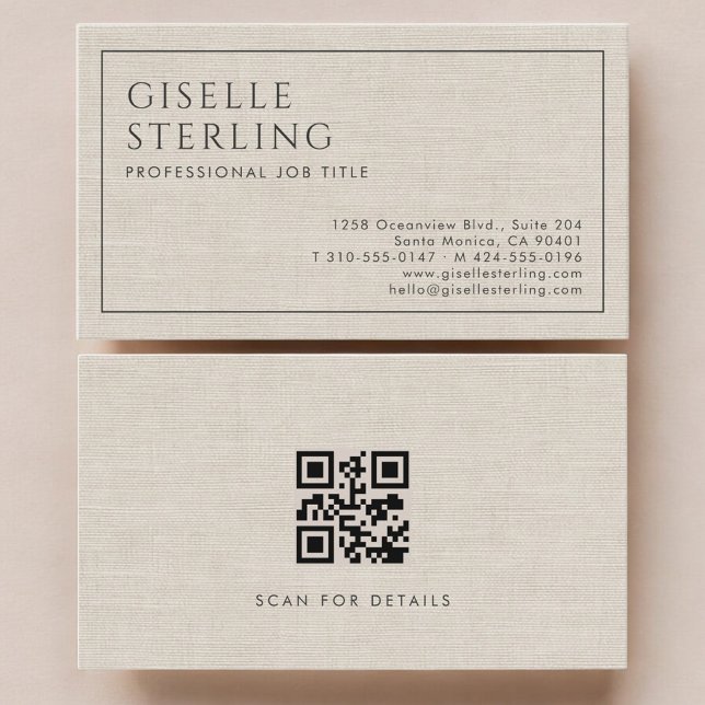 Modern QR Code Beige Linen Professional Luxury  Visitenkarte (Von Creator hochgeladen)