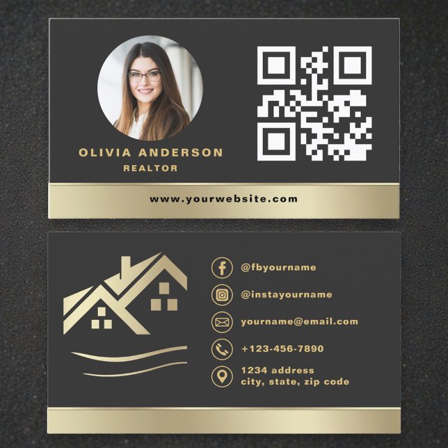 Modern QR Code Gold House Real Estate Realtor Visitenkarte (Von Creator hochgeladen)